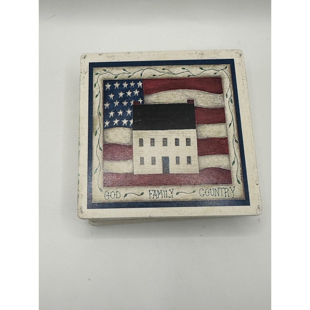 Americana God Family Country Stone Coasters Set Patriotic Folk Art Farmhouse